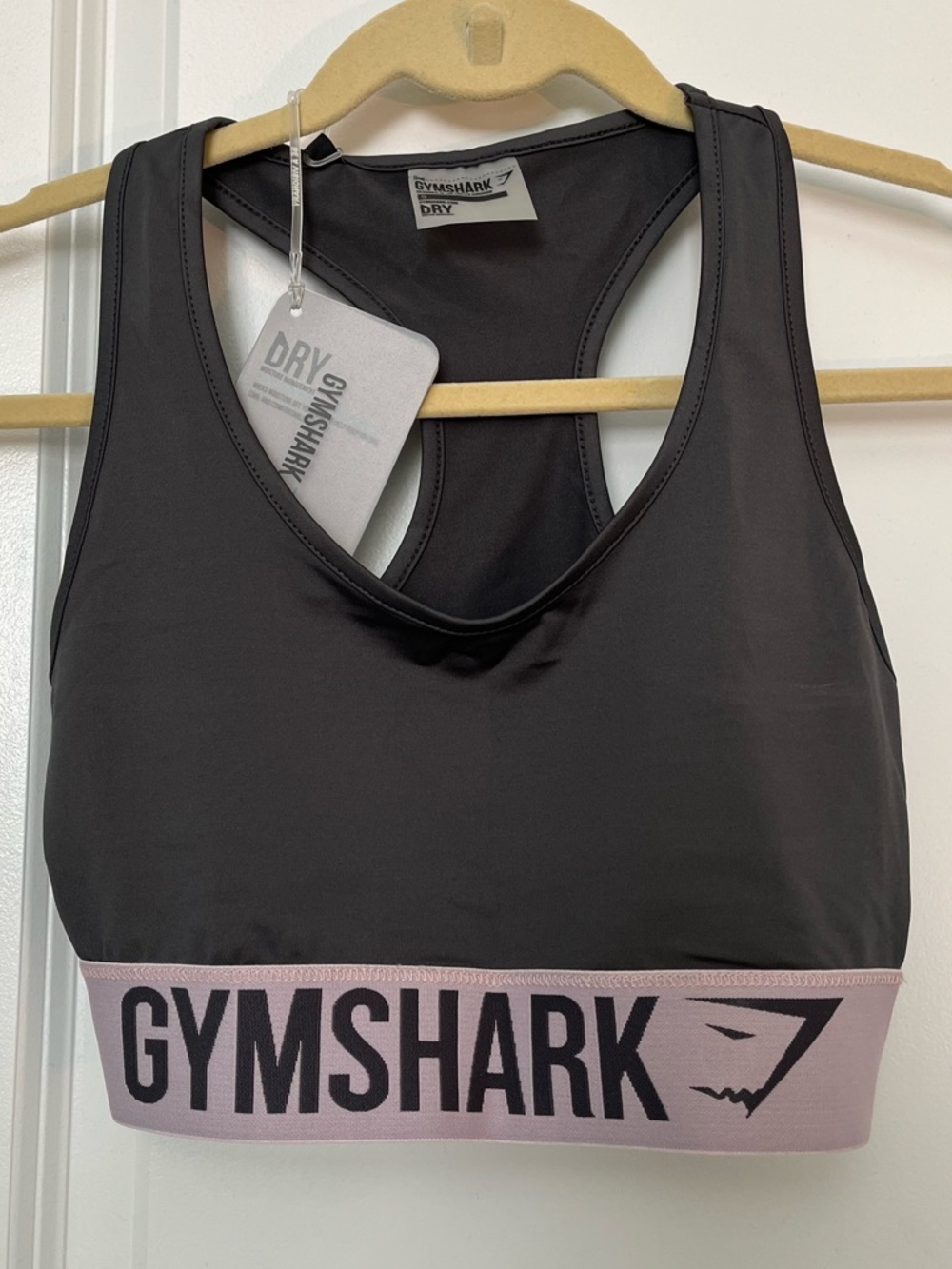NWT! Gymshark Charcoal Sports Bra with Baby Pink Logo Band